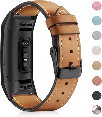Vista 8 de Correa de cuero compatible con Fitbit Charge 3/Charge 4, bandas de cuero genuino de repuesto para mujeres y hombres 01. Conector de grafito y marrón