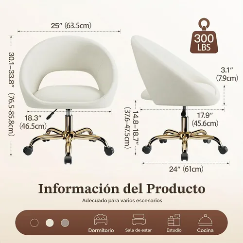 Vista 2 de Silla de tocador con ruedas (grande), silla de oficina en casa chapada en titanio dorado, 300 libras, moderna silla giratoria de terciopelo