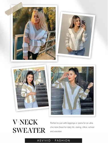 Vista 5 de Asvivid - Suéter de punto y manga larga para mujer, diseño con cuello en V, a rayas y bloques de color, sin botones