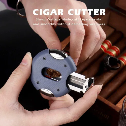 Vista 3 de KEENSUN Cortador de puros redondo G10 corte en V (azul), calibre de 60 anillos, diseño ergonómico con bloqueo seguro, juego de 2 unidades con caja