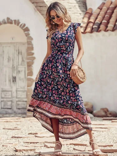 Vista 8 de PRETTYGARDEN Vestido largo de verano para mujer, casual, floral, cuello en V, mangas casquillo, bohemio, alto y bajo, vestido largo de sol