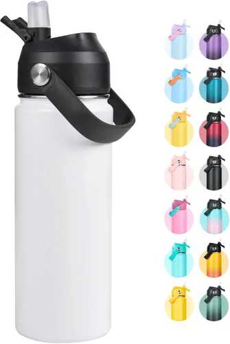 Vista 27 de Fijinhom Botella de agua aislada de 18 onzas con 2 tapas, botellas de agua de acero inoxidable, aspiradora de doble pared, mango portátil y parte