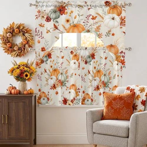 Vista 4 de Thanksgiving Fall Swag Kitchen Curtain Sets with Valance, Orange White Pumpkins 3 Pieces Curtain Drapes Rod Pocket for Bedroom Living Room Bathroom