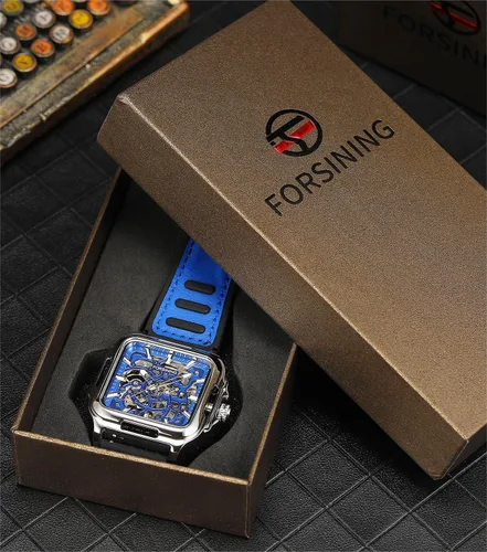 Vista 18 de FORSINING Reloj de pulsera con diseño de esqueleto impermeable para hombre, automático, steampunk, correa de silicona, luminoso cuadrado