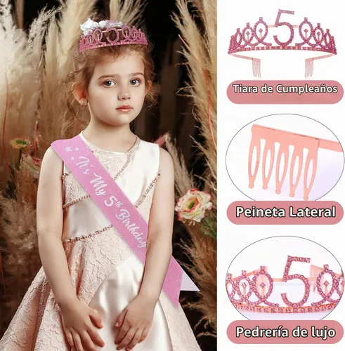 Vista 4 de Banda y Tiara de Cumpleaños de 5 Años con Vela, Banda de Cumpleaños de "Es Mi Cumpleaños" con Corona de Diamantes de Imitación y Globo para Niñas