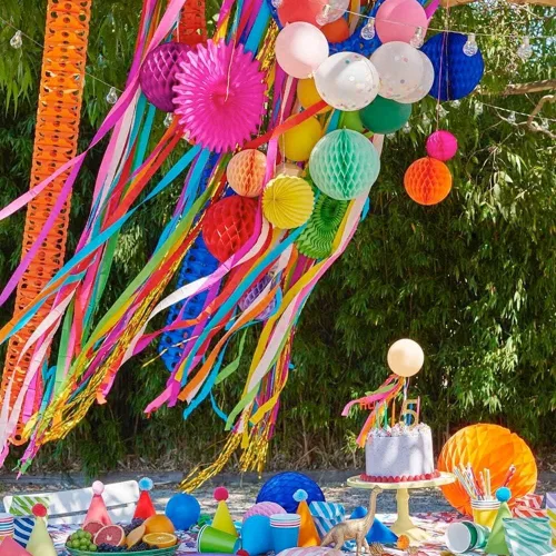 Vista 6 de Decoraciones de pancarta de feliz cumpleaños, juego de decoraciones de cumpleaños de arcoíris, banderas de papel con 9 bolas de panal y guirnalda