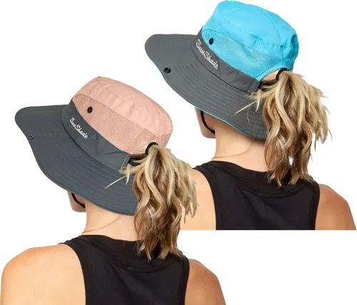 Vista 20 de Sombrero de pesca de playa de ala ancha para mujer, con protección UV, plegable, con agujero para cola de caballo
