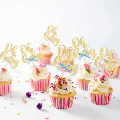 Vista 7 de Gyufise 36 piezas Adornos para cupcakes Oh Baby con moño azul y rosa, brillante dorado, adornos para cupcakes de baby shower, adornos para cupcakes
