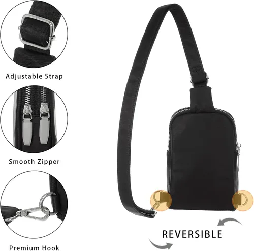 Vista 4 de NEICOA Cangureras pequeñas cruzadas de nailon para mujeres y hombres, bolsa de cinturón de hombro para viajes, senderismo, deporte, negro (I-Black)