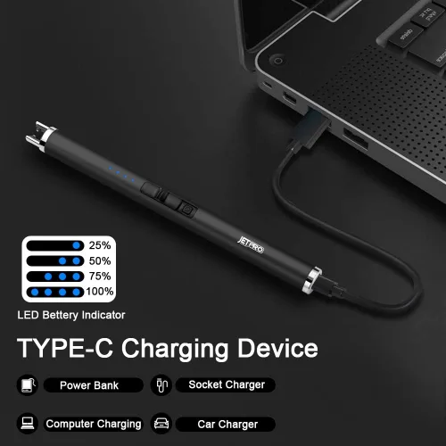 Vista 5 de Encendedor de velas recargable por USB, encendedor de arco electrónico, resistente al viento, sin llama, con botón de seguridad para camping, Negro