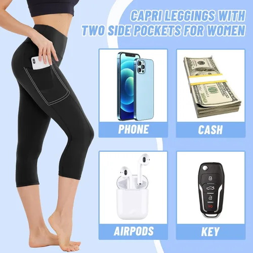 Vista 2 de NexiEpoch Paquete de 4 leggings para mujer con bolsillos, cintura alta, control de abdomen para entrenamiento, correr, pantalones capri de yoga