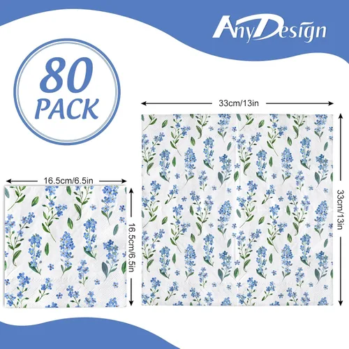 Vista 2 de AnyDesign Paquete de 80 servilletas de almuerzo florales azules, desechables, acuarela, flores, servilleta de papel, olvides de miosotis, Sylvatica