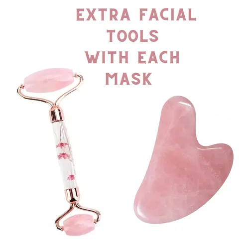 Vista 2 de Máscara facial de cuarzo rosa y rodillo para la cara para promover la relajación y el alivio del estrés. Regalos de cuarzo rosa para mamá Regalos
