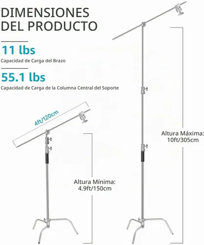 Vista 4 de Neewer Soporte de luz ajustable en C de 10 pies/9.8 ft con brazo de pluma de extensión de 4 pies/3.9 ft, cabezal de agarre de 2 piezas y bolsa