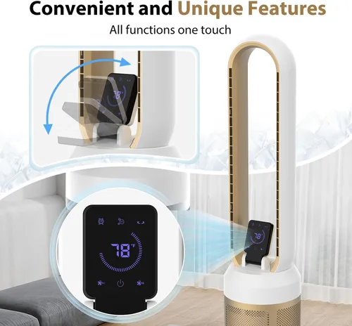 Vista 4 de Ventilador sin aspas de 38 pulgadas para dormitorio, ventilador de torre silencioso con control remoto y pantalla táctil LED grande, 24 velocidades