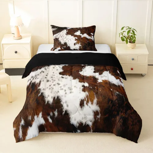 Vista 19 de Juego de edredón con estampado de vaca marrón para niñas y niños, edredón de plumón de piel de vaca de las tierras altas, ropa de cama de piel