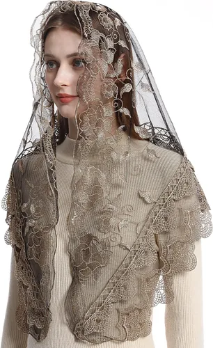 Vista 2 de Bozidol Velo de Mantilla de Iglesia Católica Triángulo de Rosa Bordado Capilla de Encaje Velo Masa Española Bufanda para Mujer