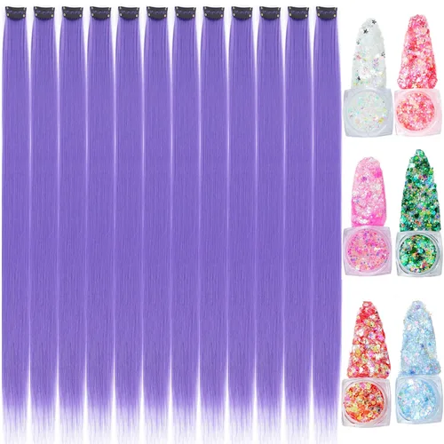 Vista 21 de Extensiones de cabello de colores, extensión de cabello liso con clip de 22 pulgadas, extensiones de cabello con brillantina multicolor arcoíris