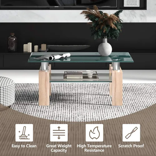 Vista 8 de Tangkula Mesa auxiliar rectangular de cristal, mesa auxiliar moderna con estante inferior, mesa de vidrio templado y patas de metal, adecuada