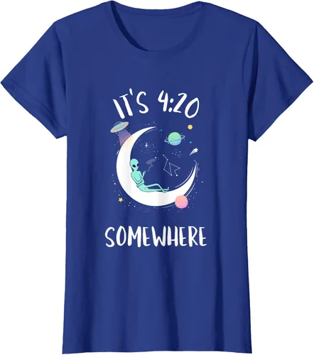 Vista 33 de Funny Weed Joint Smoking Moon Alien It's 4:20 Somewhere Camiseta, Negro, S