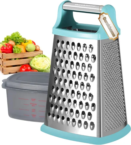 Vista 12 de Ourokhome Rallador de queso, rallador de caja de mano con recipiente y tapa, acero inoxidable de 4 lados para cocina, juliena ondulada, rebanadora