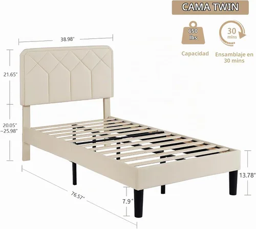 Vista 2 de VECELO Marco de Cama Tamaño Twin con Plataforma Tapizada de Terciopelo Premium con Cabecera Ajustable en Altura/Base de Colchón, Soporte de Listones