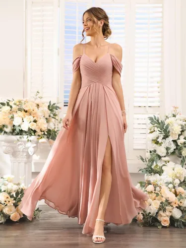 Vista 3 de Vestidos de dama de honor con hombros descubiertos con abertura larga 2024 Sweetheart Chiffon Vestido de fiesta formal con bolsillos XOD010