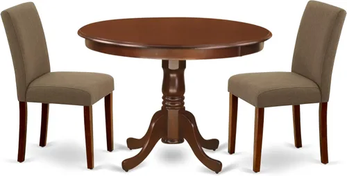 Vista 18 de East West Furniture HLAB5-MAH-72 - Juego de mesa de comedor de 5 piezas, incluye una mesa de comedor redonda con pedestal y 4 sillas tapizadas