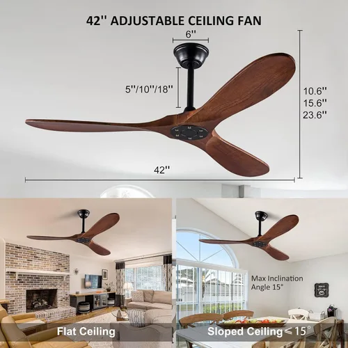 Vista 5 de Ventilador de techo sin luces de 42" con madera sólida, control remoto, 3 aspas y barras de extensión, motor DC, ventiladores de techo
