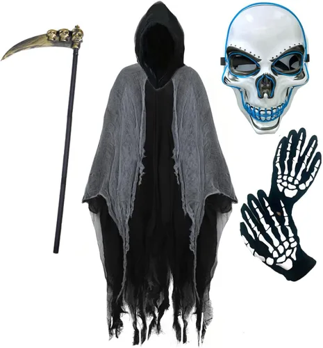 Vista 2 de 2025 Grim Reaper Costume,Scary Halloween Costumes for Kids With LED Mask,Hooded Cloak,Scythe,Gloves Included