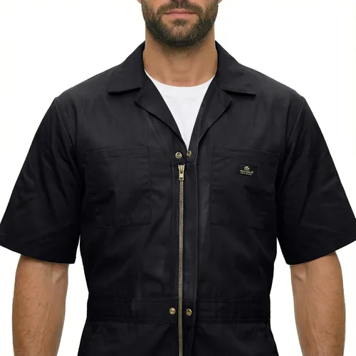 Vista 5 de Natural Uniforms Overol de manga corta con cremallera para hombre, resistente a las manchas y a las arrugas (negro, talla XS)