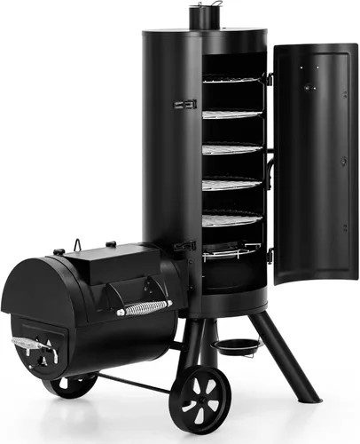 Vista 10 de MFSTUDIO Parrilla ahumadora de madera de carbón resistente para exteriores, parrilla de carbón con ahumador combinado para asar a la barbacoa, 512
