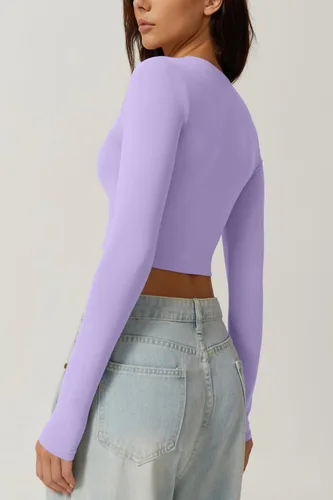 Vista 4 de QINSEN Camiseta corta sexy de manga larga con cuello cuadrado para mujer