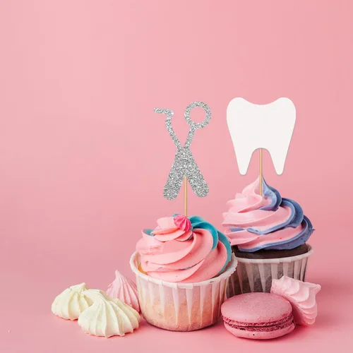 Vista 4 de 24 adornos para cupcakes para dentistas, decoración de pasteles de felicitaciones para dentistas, decoraciones de pastel con purpurina blanca