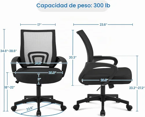 Vista 3 de Yaheetech Silla de oficina con respaldo medio, silla de escritorio giratoria con soporte lumbar, silla de malla ergonómica para computadora de Negro