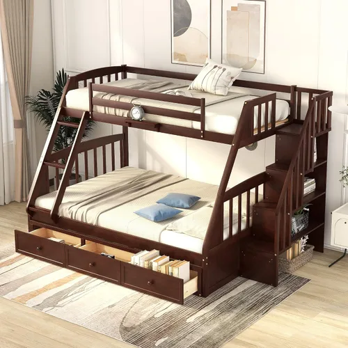 Vista 3 de DEINPPA Litera desmontable individual sobre matrimonial con escalera, se puede dividir en 2 camas individuales, litera de madera con cajones