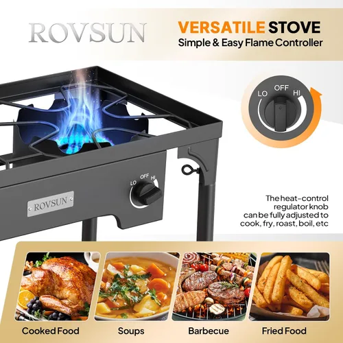 Vista 5 de ROVSUN Estufa de camping al aire libre de 2 quemadores con panel de viento, quemador de propano de 150,000 BTU, cocina de gas con patas desmontables