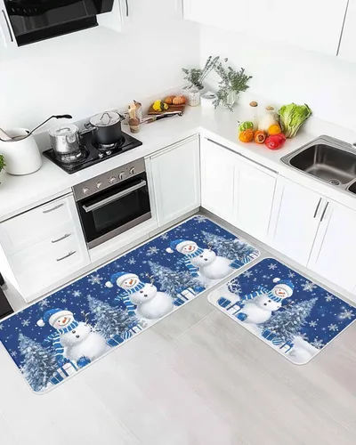 Vista 9 de Prime Leader Juego de 2 tapetes de cocina con diseño de muñeco de nieve de Navidad, copos de nieve, azul marino, antideslizantes, tapetes lavables