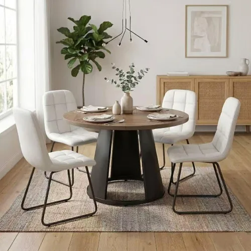 Vista 7 de HIPIHOM Juego de mesa de comedor redonda de 47.2 pulgadas para 4 mesas de madera modernas con 4 sillas tapizadas, base de pedestal de metal, muebles