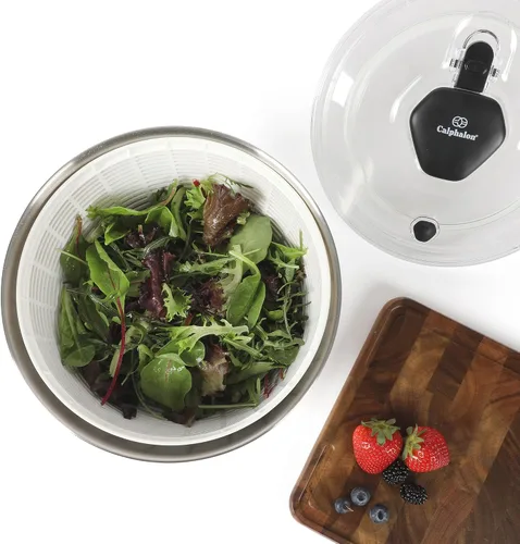 Vista 8 de Calphalon Aero - Molinillo de ensalada de acero inoxidable de 6.3 cuartos de galón, cuenco para lavar frutas y verduras con cesta coladora