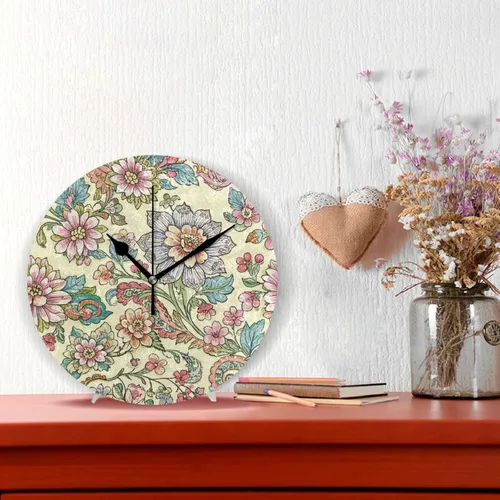 Vista 2 de Vintage Flower Print Beige 10 pulgadas ronda cocina relojes de pared sin tictac ruido único para oficina casa de campo dormitorio relojes de pared