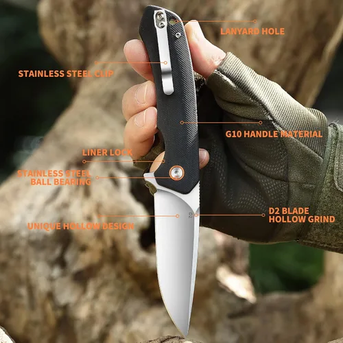 Vista 2 de Cuchillo de bolsillo plegable EDC Tactical Knife Camping Survival Knife 3.54'' D2 Blade acero y G10 Handle Liner Lock Clip reversible para uso