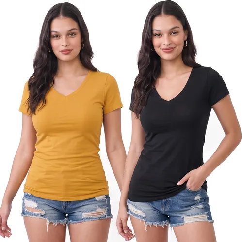 Vista 52 de Emmalise Camiseta de manga corta para mujer, cuello en V, tallas junior y plus