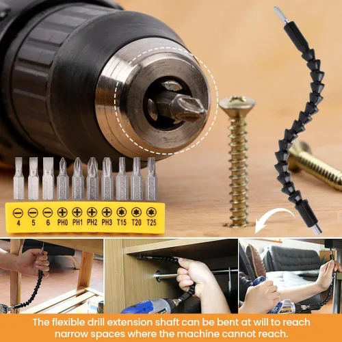 Vista 5 de 17 extensiones de broca flexible, con 3 adaptadores de enchufe giratorios, 2 accesorios de taladro hexagonal de 105° en ángulo recto, 10 puntas
