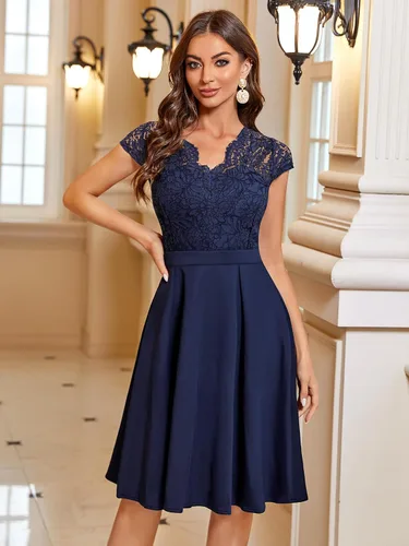 Vista 2 de MISSMAY Vestido de cóctel con cuello en V y encaje floral retro para mujer