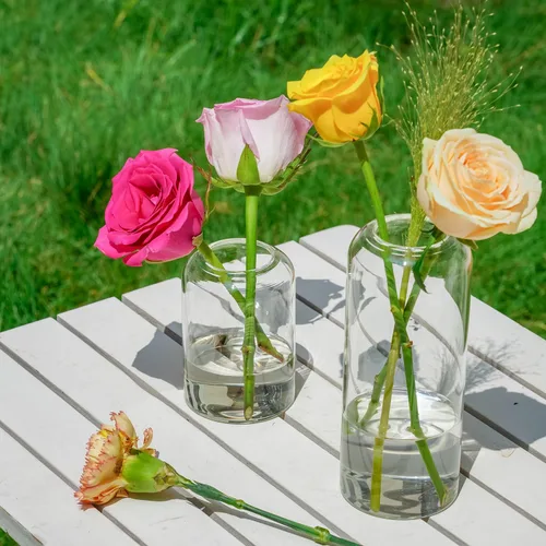 Vista 4 de Juego de 9 jarrones de cristal transparentes para centros de mesa, jarrón de cristal pequeño moderno para bodas, fiestas, centros de mesa