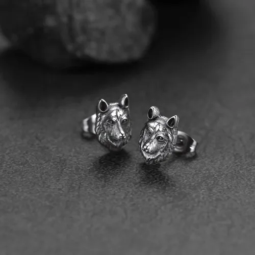 Vista 8 de FaithHeart Norse Vikingo Jewelry - Aretes de tuerca de plata de ley de acero inoxidable, lobo celtamartillo de Thors para mujeres y hombres, Acero