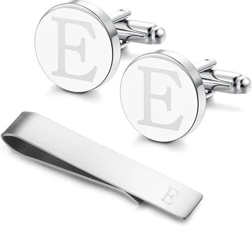 Vista 12 de LOYALLOOK - Gemelos de acero inoxidable grabados con inicial y clip de corbata, diseño de letras del alfabeto con caja de regalo, A-Z