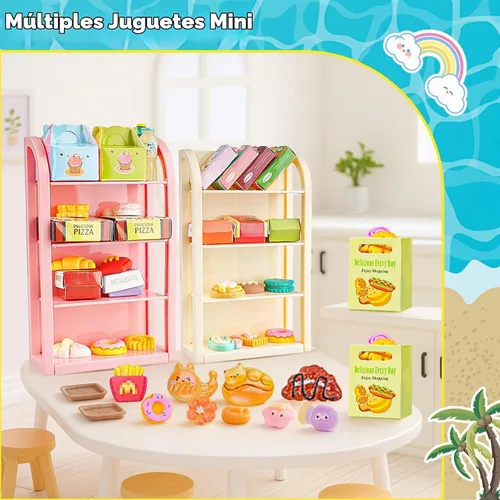 Vista 4 de 196 piezas Mini carrito de compras carrito carrito de comestibles modelo de juego botella de bebida en miniatura comida pizza con caja Supermercado