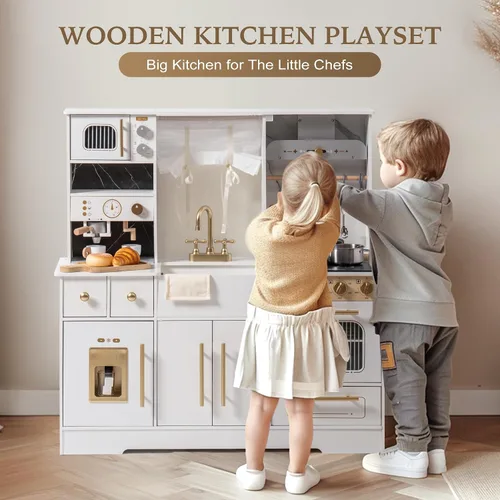 Vista 3 de ROBOTIME Juego de cocina de madera para niños pequeños y niños, juego de cocina de juguete con máquina de hielo y cafetera, juego de cocina realista